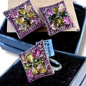 NWT Ruby & Tourmaline Sterling Ring (8) + Earrings Set (3pc) Genuine! Rtl.$860💍